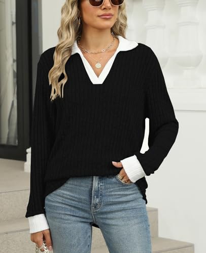 BAISHENGGT Women's Contrast Collared Shirts Casual Long Sleeve Ribbed Fall Tops Lightweight Tunic Sweaters2