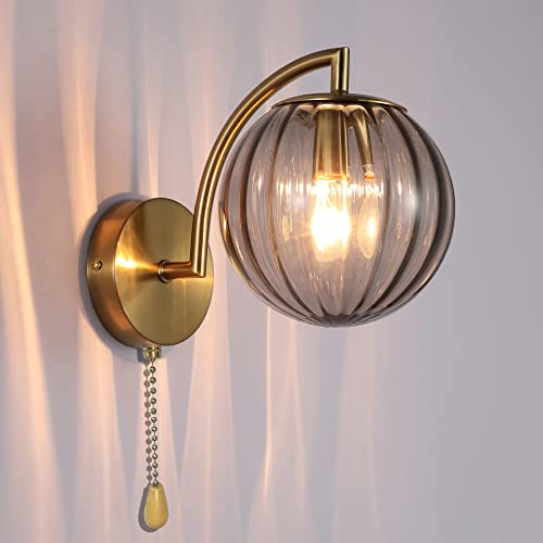 LED Verre Applique Murale Intérieur Doré Lampe Murale Avec Interrupteur Moderne Rond Chambre Éclairage Mural E14 avec Abat-jour Boule de Verre Grise Lampe De Chevet Pour Salle de Bain Salon Ø15CM Cover