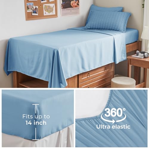 Image of HYMOKEGE Mineral Blue Twin XL Comforter Set Seersucker 5 Pieces, All Season Luxury Bed in a Bag for Bedroom, Bedding Set with Comforter, Sheets, Pillowcase & Sham