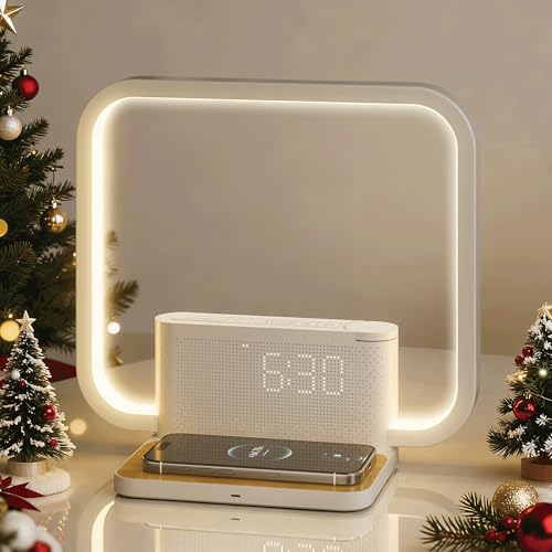 RETEYUNG Lampada da Comodino con Caricatore Wireless da 10W, Luce Notturna, Luce di risveglio con 10 Suoni Rilassanti, 2 Sveglie, Luminosità Regolabile Touch Dimmerabile 3 Livelli di Luminosità