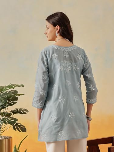 Image of Ada Hand Embroidered Lucknow Chikankari Straight Round Neck Cotton Blend Short Kurti Tunic Top for Women A911333