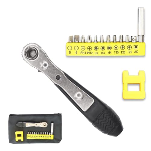 14-Piece Mini Ratchet Screwdriver Set, Right Angle Screwdriver, Mini Ratchet Wrench for Awkward Spaces, Short Offset Screwdrivers with Phillips, Flat, Torx, Hex, Square, Pozidriv