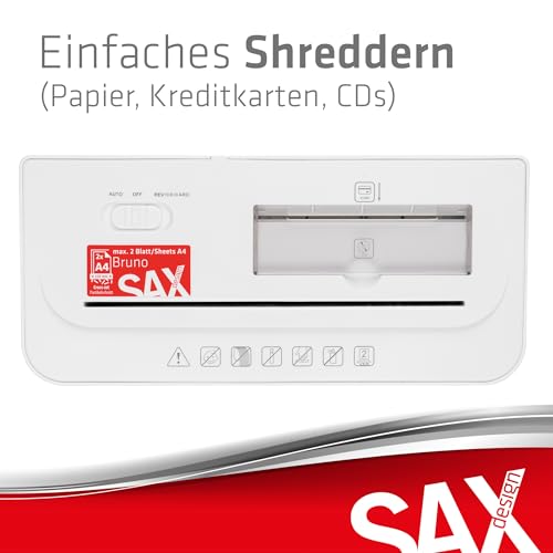 Sax Aktenvernichter Bruno – Partikelschnitt 3x18mm, Schreddert Papier, CDs & Karten, 220mm Zuführungsöffnung, 2 Blatt A4 Kapazität, 3,5L Behälter, Leise bis 70dB, Ideal für Büro & Home-Office