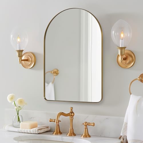 Image of ANDY STAR Arched Mirror, 20 x 28 Inch Brushed Gold Wall Mirror in Stainless Steel Metal Frame, Arch Top Rounded Corner 1 Inch Deep Set Design Wall Mount Hangs Vertical