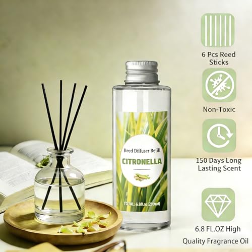 Image of STRN Citronella Reed Diffuser Oil Refill, Lemongrass Scent 200ML(6.8fl.oz) with 6 Sticks, Air Freshener Long-Lasting Aromatherapy Reed Diffuser Set for Summer Home, Bedroom, Spa, Bathroom