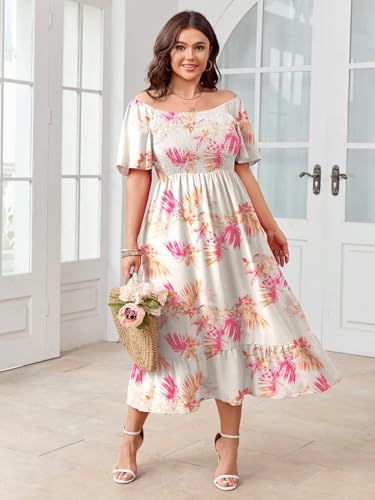 Image of SCOMCHIC Women's Plus Size Summer Dress Casual Short Sleeve Scoop Neck Maxi Dress Smocked Ruffle Boho Flowy Long Dresses