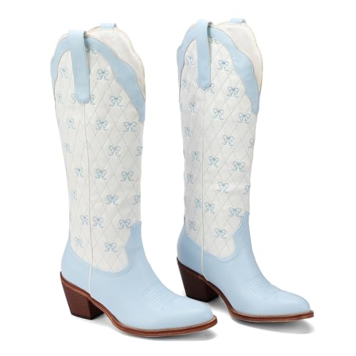 Krypthixor Blue Wide Calf Cowboy Boots with Cute Bow Embroidery Casual Knee High Cowgirl Boots for Women Chunky Heel Pointed Toe Western Style Boot with Color-Block for Dressy Party Size 7 — view 5