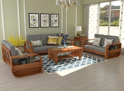 Image of Wooden 7 Seater Sofa Set for Living Room | Seven Seater Sofa for Office & Lounge | 3+2+2 Seater Sofa Sets for Home | Sheesham Wood (Honey Finish)