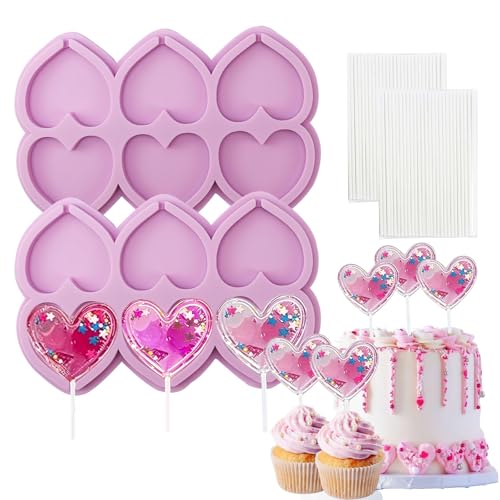 Heart Lollipop Mold,6 Holes Silicone Chocolate Sucker Lolly Mold,2 Pcs Lollipop Candy Molds with 40 Sticks for Valentine's Day Mother's Birthday Wedding Party Dessert Cake Decoration Supplies