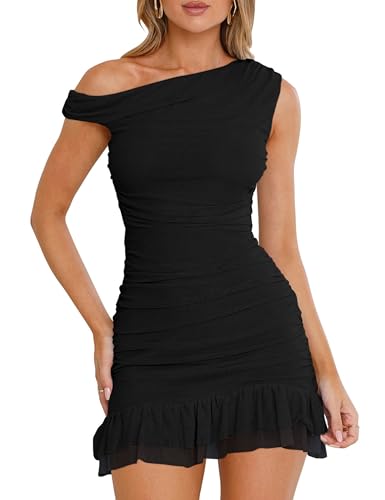 GOKATOSAU Women's One Off Shoulder Sleeveless Bodycon Ruched Mesh Ruffle Hem Mini Dress