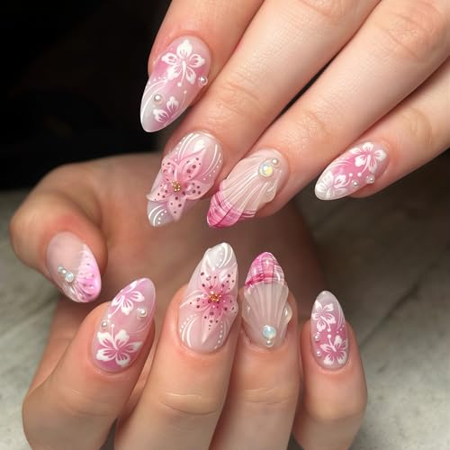 24Pcs Pink Flower Press on Nails Medium Almond Fake Nails with Pe...
