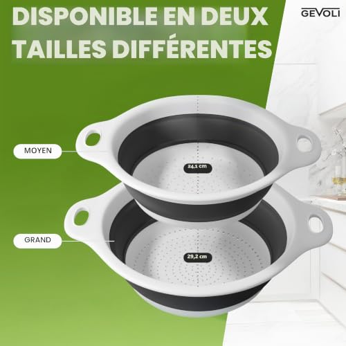 GEVOLI Passoires pliables (lot de 2) – Passoires alimentaires avec base d’égouttage pour évier, adaptées aux pâtes, fruits et légumes (4 L et 5 L) – Blanc/Gris – vue 4