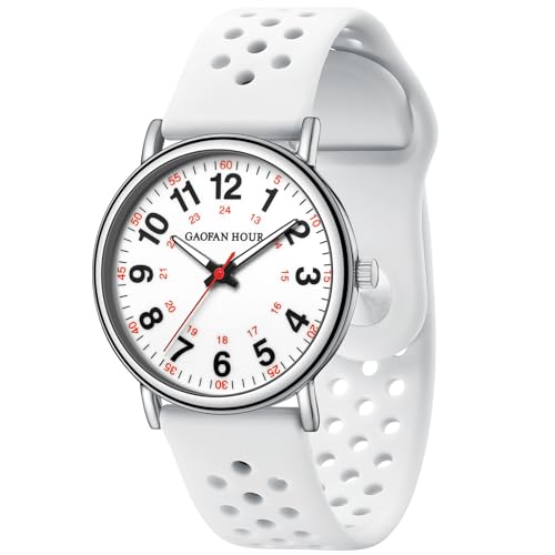 GAOFAN HOUR Waterproof Nurse Watch for Medical Professionals,Doctors Nursing Students Women Men,12/24 Hour Military Time,Luminouse Easy Read Dial,Soft and Breathable Silicone Band (White-White)