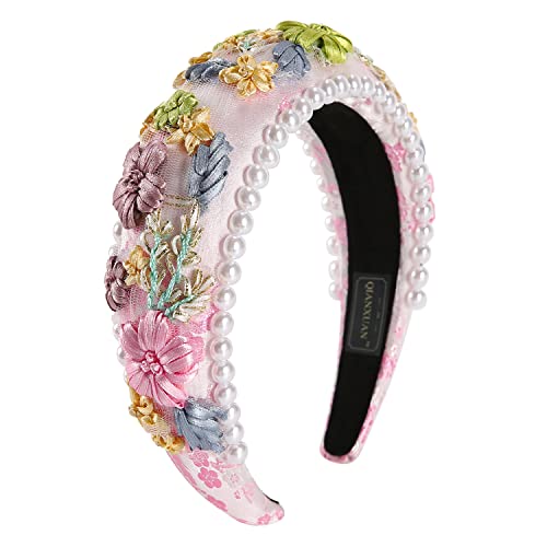 Qianxuan Solid Color Wide Headbands For Women Diamond Rhinestone Headbands For Women Top Knot Headband Crystal Handmade Pearl Girls Hair Accessories Glisten Fashion Embroidered Padded Hairband #TOP7