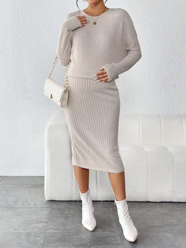 Wdirara 30-CO2306208468340005-K-M Women'S 2 Piece Maternity Ribbed Outfit Long Sleeve Tee And Adjustable Waist Midi Skirt Set Khaki M thumb #3