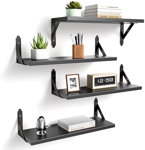ROMGUAR CRAFT Wood Floating Shelves Set of 4, Rustic Storage Deco...
