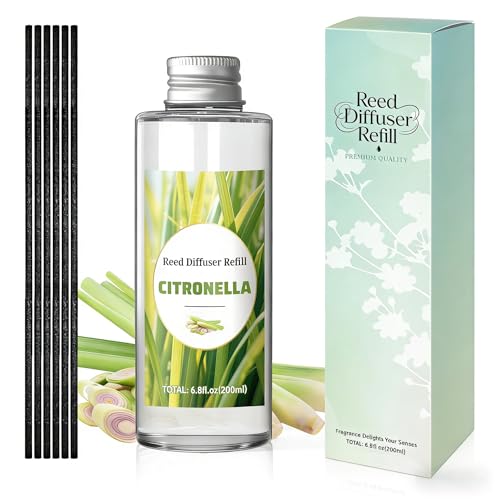 Image of STRN Citronella Reed Diffuser Oil Refill, Lemongrass Scent 200ML(6.8fl.oz) with 6 Sticks, Air Freshener Long-Lasting Aromatherapy Reed Diffuser Set for Summer Home, Bedroom, Spa, Bathroom