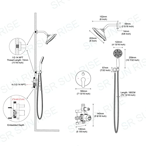 Sr Sun Rise Shower Faucet - 3 Functions High Pressure 8 Inch Rain Shower Head System- 8 Settings Headheld Shower Head Fixtures- Valve Included - Brushed Nickel #TOP6