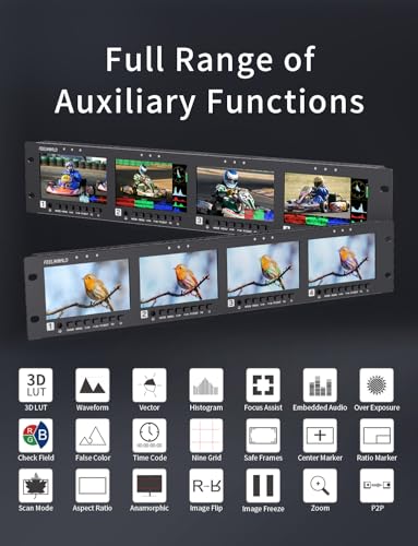 Image of FEELWORLD Q41 2RU Quad 4.5 Inch Rack Mount Monitor | HDMI 3G-SDI CVBS Broadcast Display, 3D LUT, Waveform Tally for Live Streaming Studio Video Productio