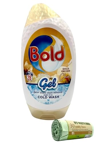 Bold Washing Liquid Laundry Detergent Gel 28 Washes, 980ml, Gold Orchid For Brilliant Cleaning With Built-In Lenor Freshness with 10L Caddy bin 30 bags