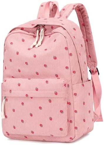 Bluboon Backpack for School Girls Backpack Cute Corduroy Bookbag Kids Backpack Laptop Backpack Gifts for Women, Corduroy Strawberry Pink, Classic