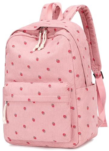 Bluboon Mochila escolar para meninas adolescentes, mochilas para laptop de veludo cotelê e ensino fundamental, Corduroy Strawberry Pink, 15.6-Inch, Escola
