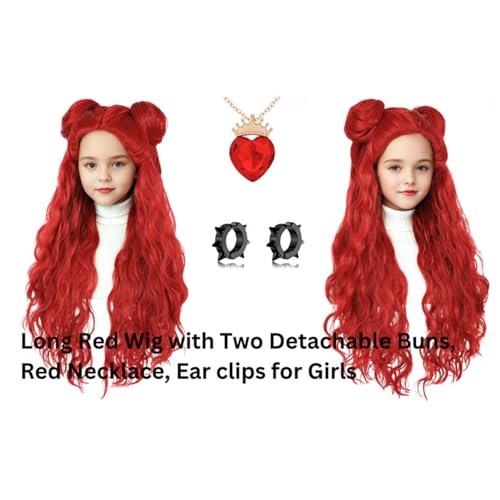 Perruque rouge longue bouclée à chignons avec collier cœur et boucles d'oreilles pour cosplay