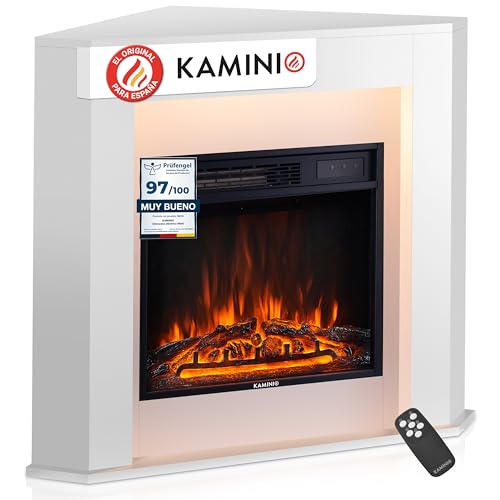 KAMINIO Chimenea eléctrica Matti - Chimenea eléctrica de Esquina con calefacción, Efecto de Llama 3D, Luz Ambiental LED, Control Remoto - Esquina (Blanco)