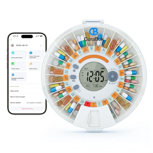 Wi-Fi Automatic Pill Dispenser 28-Day Medication Assistant for Seniors & Caregivers with Remote App Monitoring, Alarms, Sound Light Reminders, Tracks Adherence History, Clear LCD Display, Key Lock
