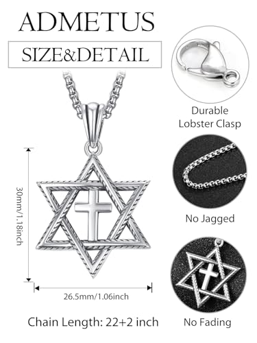 ADMETUS Star of David Necklace 925 Sterling Silver Jewish Star Pendant Estrella de David Jewelry Gifts for Men with 22"+2" Chain2