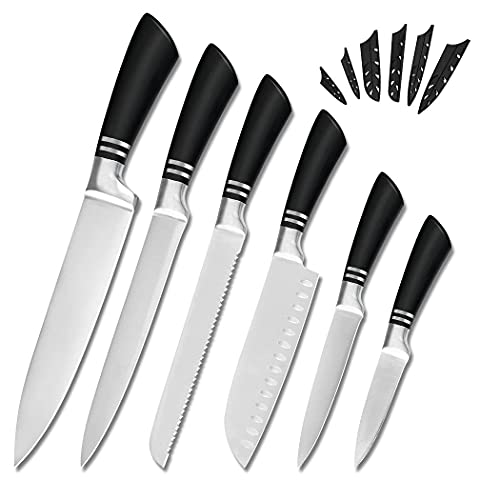 TOUARETAILS 6 Pieces Professional Kitchen Knife Set for Non-Slip Handle Kitchen Black with Sharp Manual Sharpening for Chef Cooking Cutting Knife Bread Slicing Knife Set- Silver