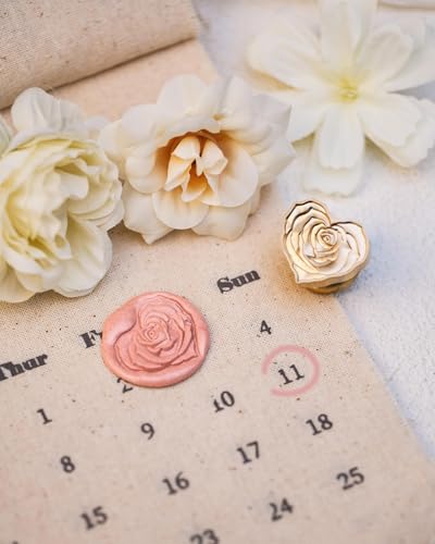 Romantic Heart-Shaped Rose Wax Seal Stamp – Vintage Floral Embossed Brass Head with Wooden Handle – Ideal for Invitations, Envelopes, Wedding Seals, Gift Wrapping, Scrapbooking