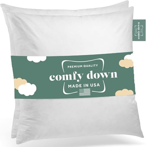 Image of ComfyDown 14x14 Throw Pillow Inserts (Set of 2), Down & Feather Fill, 100% Cotton Cover, Made in USA - Premium Soft Decorative Pillow Forms Sham Stuffers for Bed, Sofa & Couch