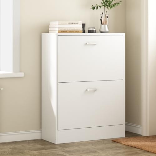 Timechee シューズボックス 靴箱 2段 スリム フラップ 大容量 コンパクト 幅57×奥行24×高さ74.5cm おしゃれ モダン 薄型 省スペース 玄関収納 下駄箱 シューズキャビネット シューズラック ホワイト