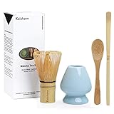 KAISHANE Matcha Whisk Set Bamboo Matcha Tea Set of 4 Including 100 Prong Matcha Whisk (Chasen), Traditional Scoop (Chashaku), Tea Spoon， Matcha Whisk Holder Blue Color