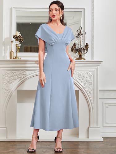 Image of Shasmi Women's & Girl's Solid A-Line Maxi Dress | V-Neck Pleated Bodice | Cap Batwing Sleeves | Fit & Flare Evening Gown (Dress 274)