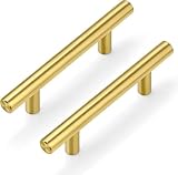 Plustool 30Pack 3''Hole Centers Gold Cabinet Handles-Brushed Brass Cabinet Pulls Gold Dresser Drawer Pulls-Stainless Steel Door Hardware for Kitchen Bathroom Bedroom Furniture-5''Overall Length