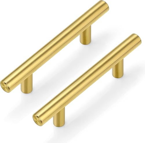 Plustool 30Pack 3''Hole Centers Gold Cabinet Handles-Brushed Brass Cabinet Pulls