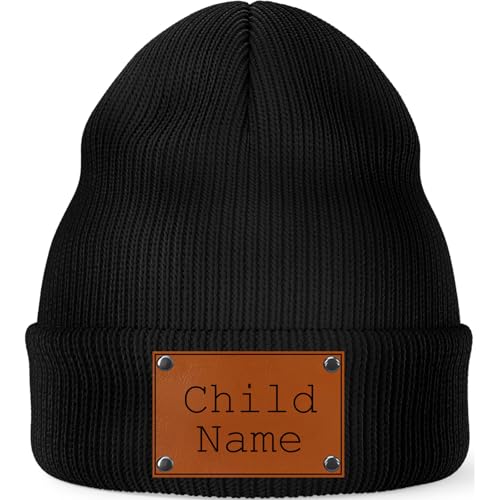 Personalized Leather Patch Beanie Cap- Custom Name Beanie Knit Winter Hat for Babies Kids Child Boys Girls Soft Warm Cap