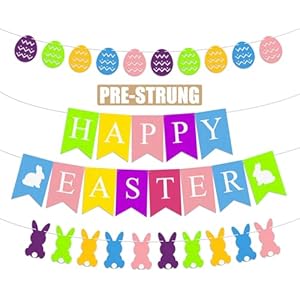 Easter Banner Fufuddz Funny Happy Easter Sign Bunny Garland Eggs Decorations Spring Decor for Mantle Indoor Outdoor Home Farmhouse Birthday Party Supplies with Pom Poms Gifts for Kids Women Felt