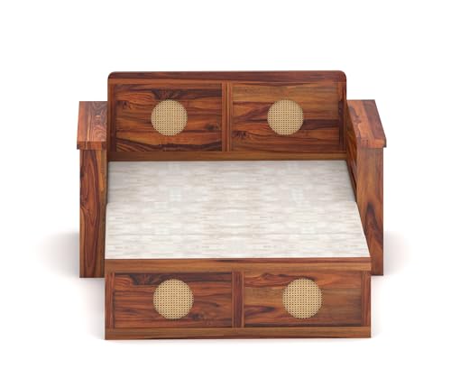 Image of ALATERRE HOME FURNITURE Solid Sheesham Wood Two Seater Sofa Cums Bed with Cane Design Panels | 2-in-1 Wooden Daybed with Cushion & Storage Drawers (Honey Finish)
