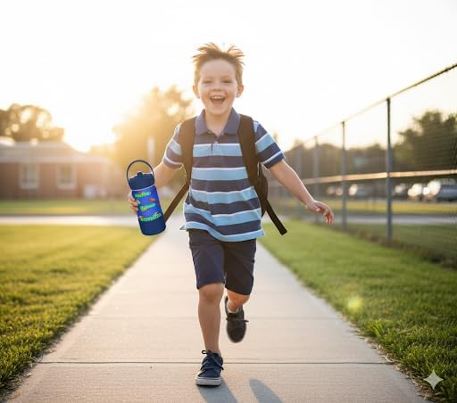 USA Proud Kid 16oz Kids Stainless Steel Insulated Water Bottle – Pink Unicorn & Blue Vehicles, BPA-Free, Leak Proof, Straw Lid, Carry Strap, Cold 24h/Hot 12h, Silicone Base (Blue Vehicle) - Image 5