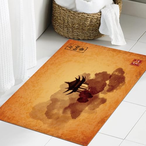 JHAOUNUK Quick-drying Bathroom Mat,Absorbent Floor Mat for Home,Rubber Non-slip Bottom,Easy to Clean,Bathroom Shower Mat,Pagoda temple in forest trees hand drawn with ink. Traditional oriental,24x36in