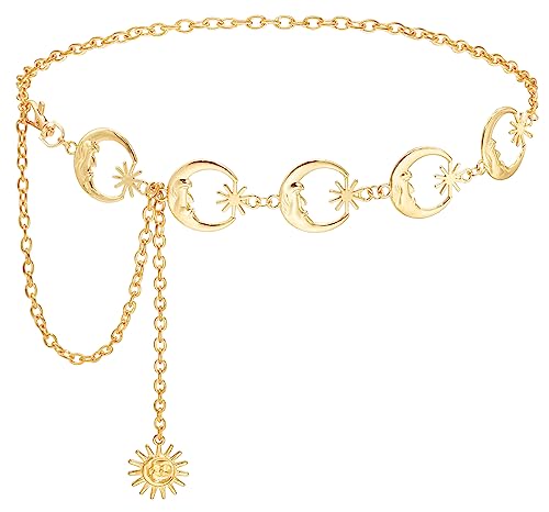 Waist Chain Belts for Women Metal Link Moon Star Body Chain Belt Ladies Waist Chain Belt for Jeans Dress