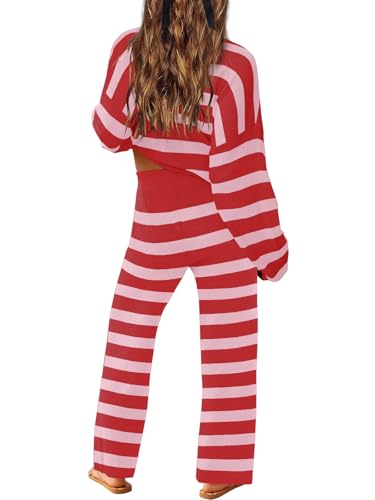 Image of LAMISSCHE Oversized Womens Lounge Set Striped Sweater Set Long Sleeve 2 Piece Pajama Set Top and Pants with Pockets