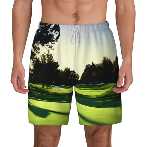 Golf Course Print Mens Swim Shorts Trunks Inseam Compression Liner Quick Dry Zipper Pocket White