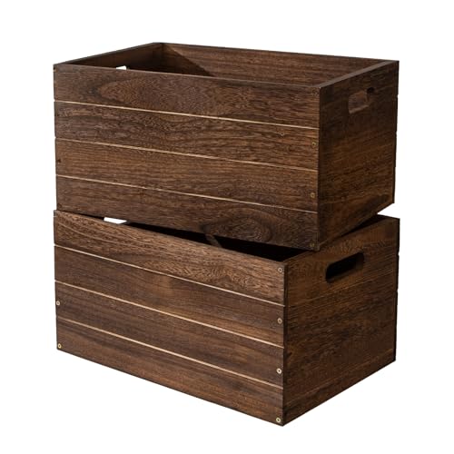 JAOGYIXC Wooden Crates for Storage, Set of 2 Stackable Wood Crate Boxes with Handles, Easy Assembly Rustic Black Wooden Storage Bins for Pantry, Closet, Living Room, Farmhouse Decor, Books,Records