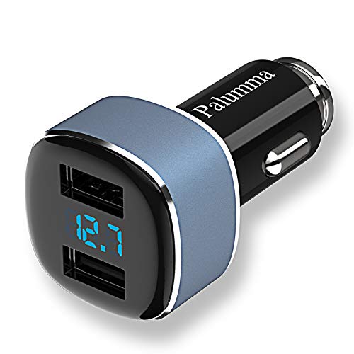 Palumma Car Charger, 4.8A/24W Dual USB Fast Charger with Car Voltage Meter and Current Detection, 12V to USB Zinc Alloy Charger Adapter for iPhone Xs X 8 7 Plus, Galaxy S9 S8 S7 S6, LG, Sony (Blue)