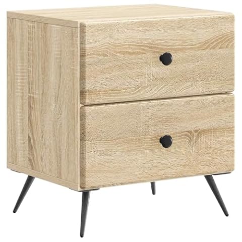 Stolik nocny dąb Sonoma 43x34x47 cm z drewna inżynieryjnego, szafka nocna z przegrodami do przechowywania, łatwy montaż, kompaktowy design do sypialni i salonu.