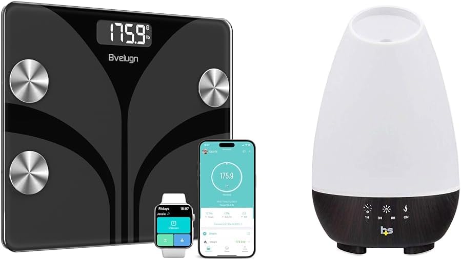 Scale for Body Weight, Bveiugn Digital Bathroom Smart Scale LED Display & HealthSmart Essential Oil Diffuser, Cool Mist Humidifier and Aromatherapy Diffuser
